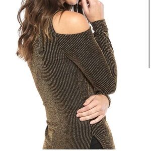 Michael Kors Black and Metallic Gold Lurex Stripe Long Sleeve Cold Shoulder Top